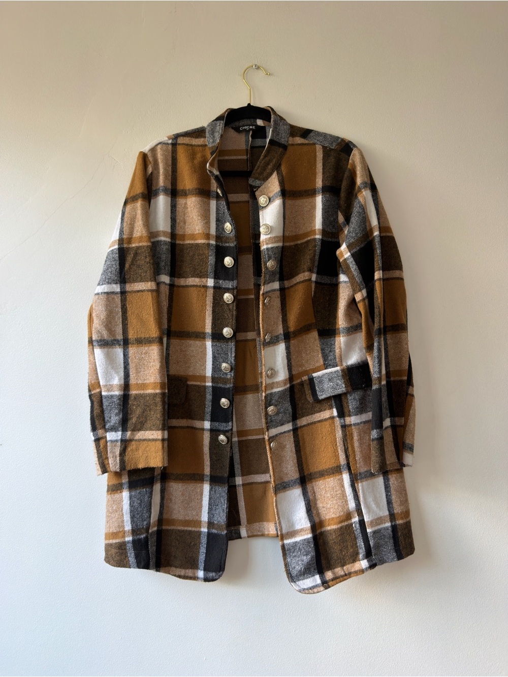 ChicMe Plaid Longline Coat Brown Black White Silver Crest Button XL ODT1180B